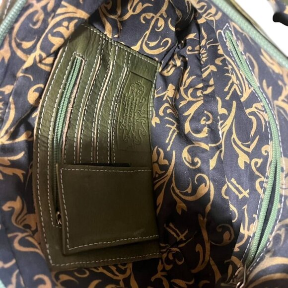 T. Saldivar Hand-Tooled Leather Shoulder Bag In Olive Green Beige Mexican Boho - Picture 6 of 7